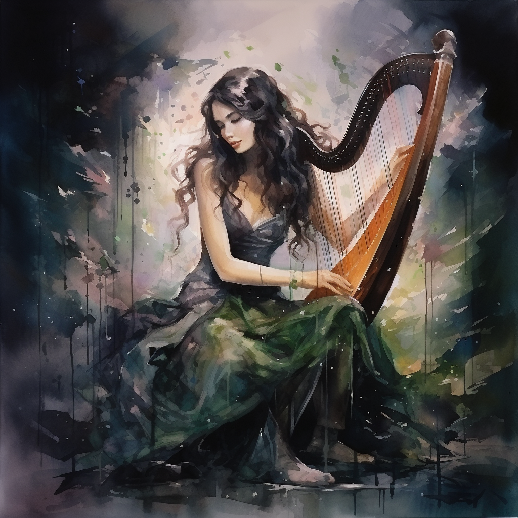 Enchanting dark magical lyre watercolor art