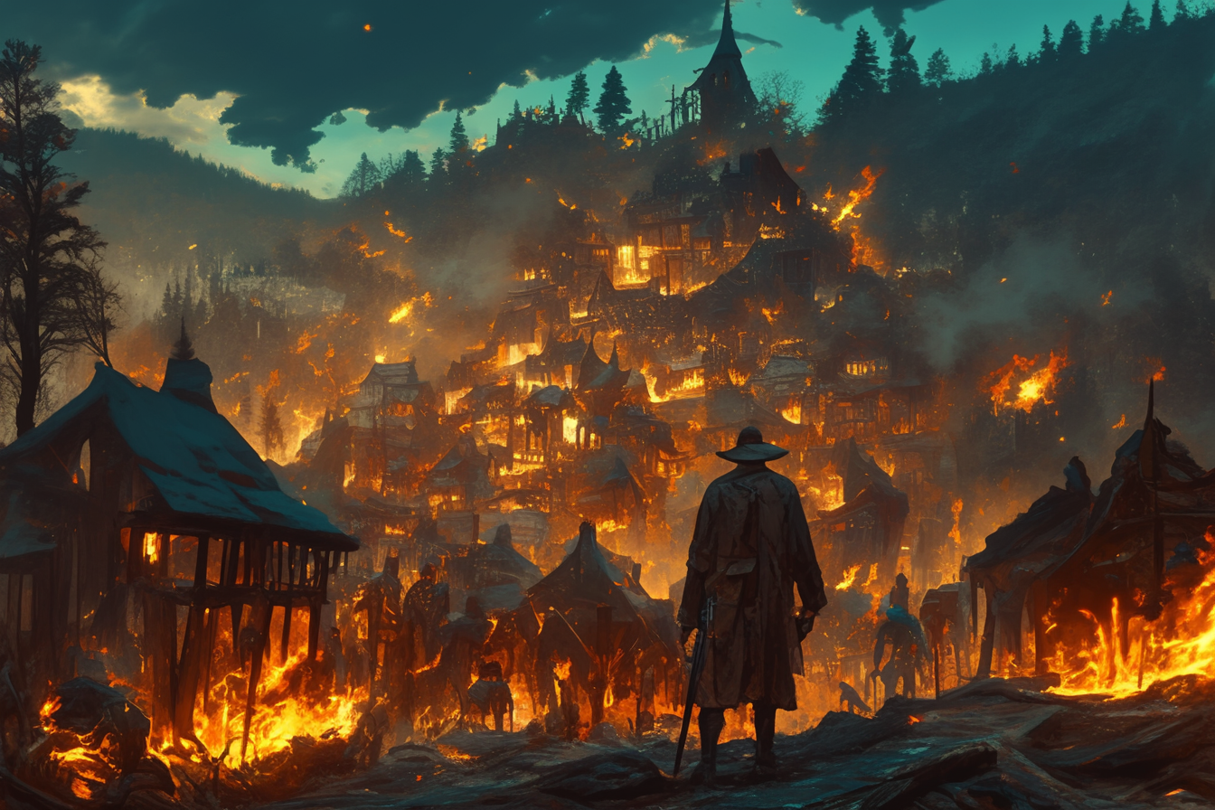 Dark town with dead bodies and fire