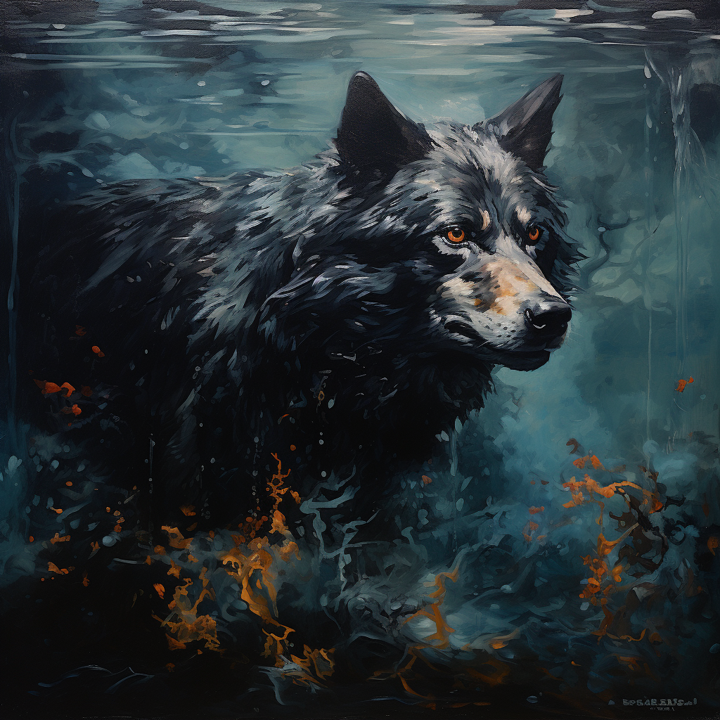 Abstract painting of a dark wolf underwater