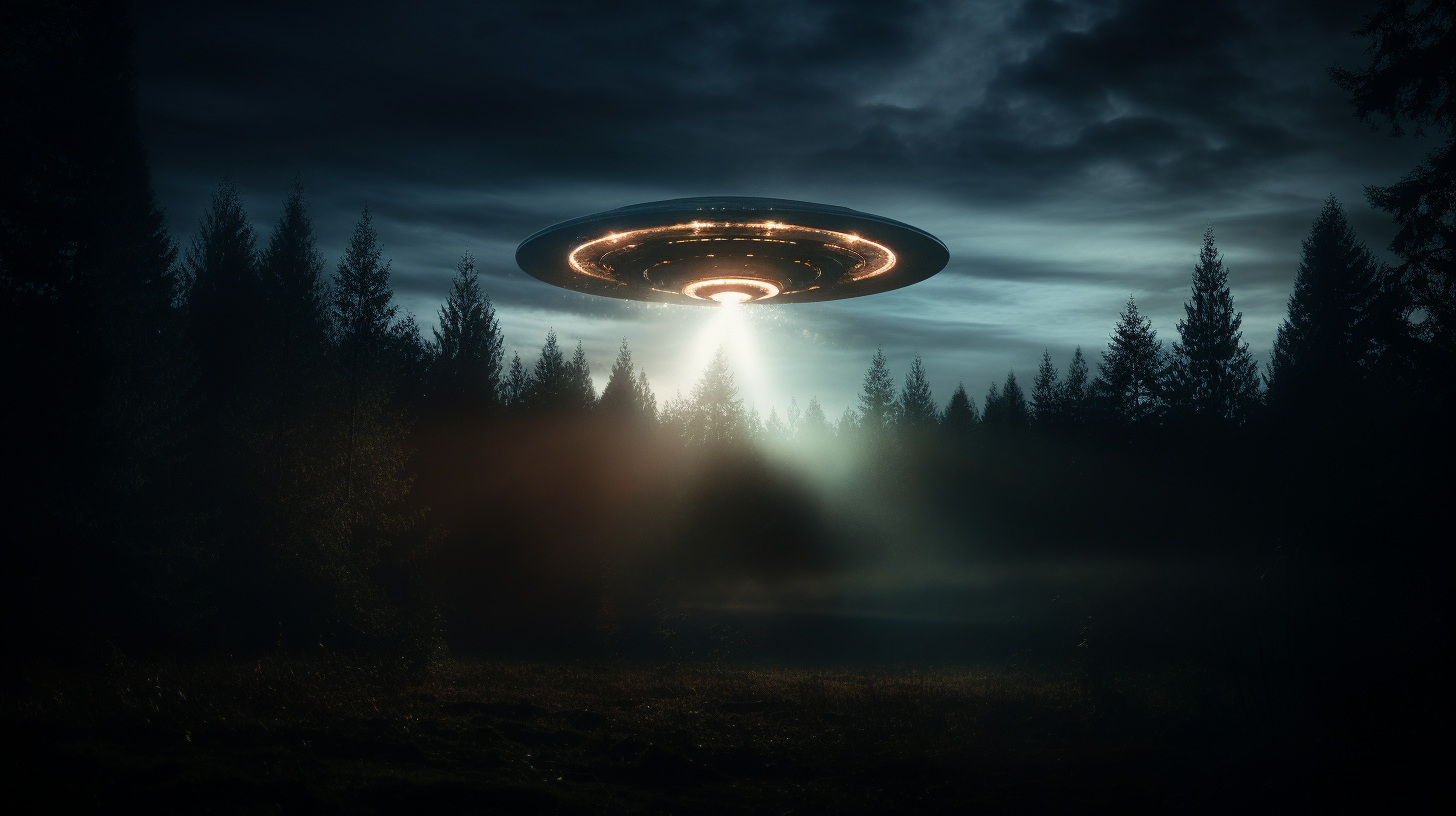 Bright lights of UFO illuminating dark forest