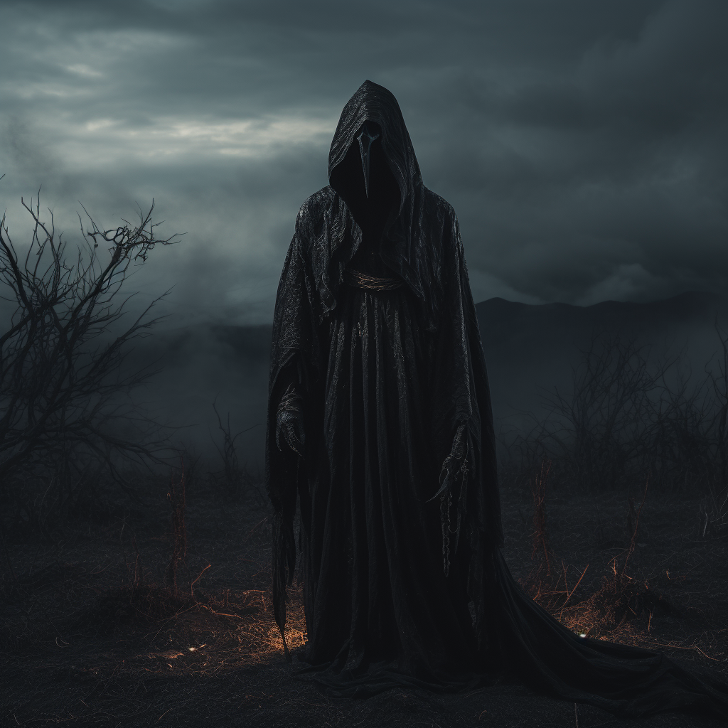 Mysterious hooded figure in dark landscape at night