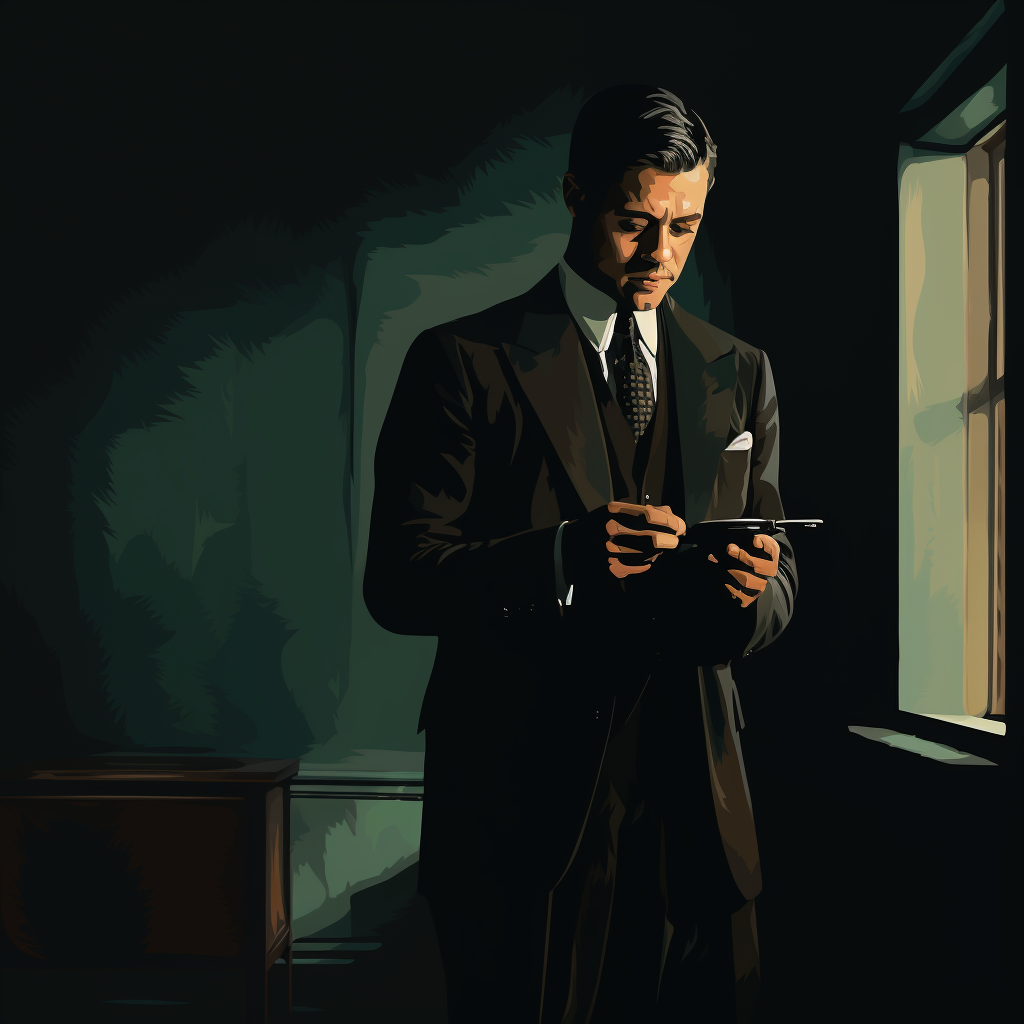 Government agent with phone in dark room