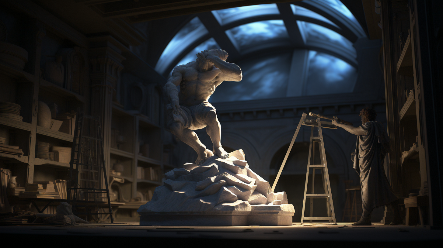 Dark sci-fi room with Michelangelo's Adam sculpture