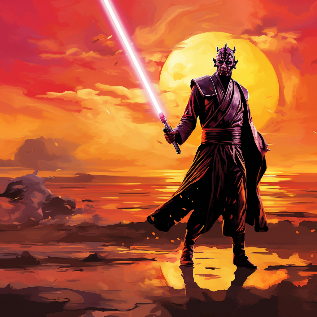 Darth Maul with purple skin fighting a storm trooper