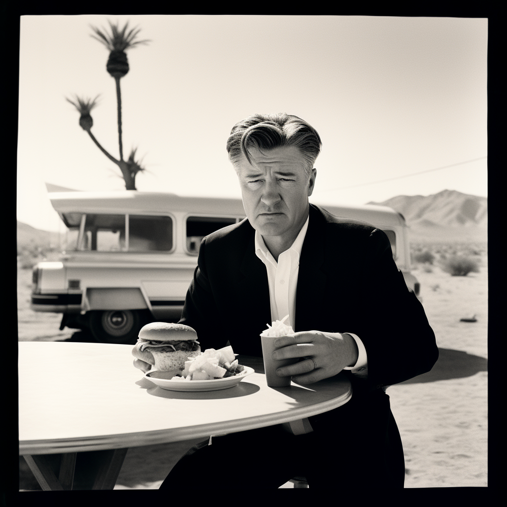 David Lynch enjoying cheeseburger in the desert