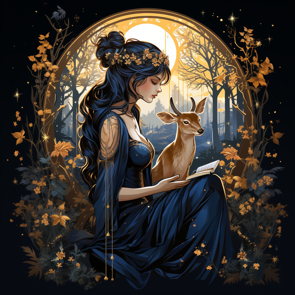 Illustration of a fairy sitting on a deer blowing flute