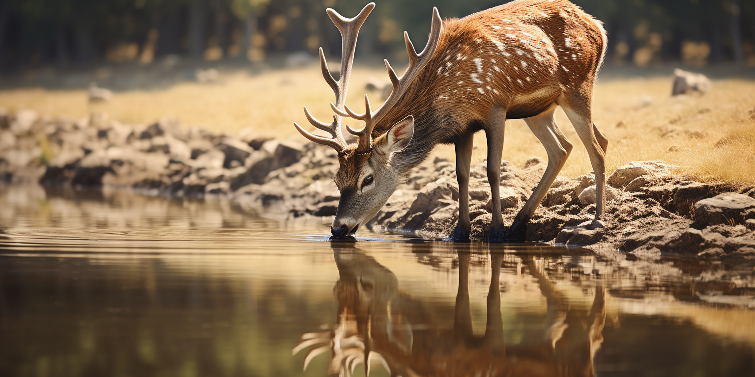 Deer drinking water with reflection in serene nature