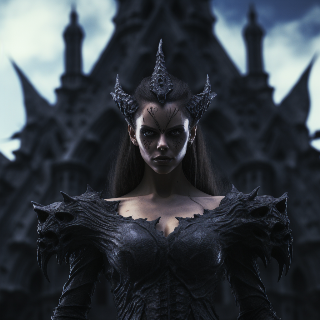 Demon princess in front of gothic castle