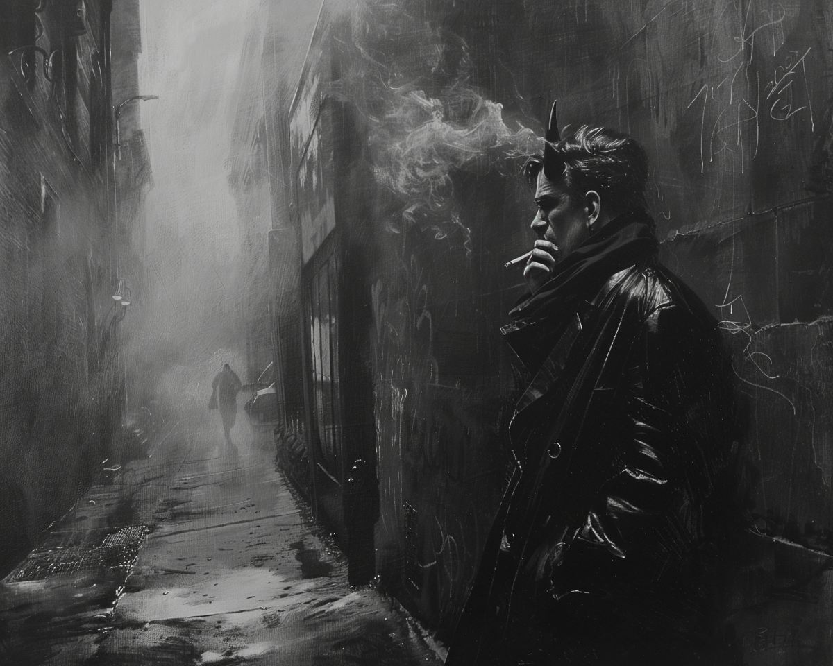 Demon smoking in noir alley