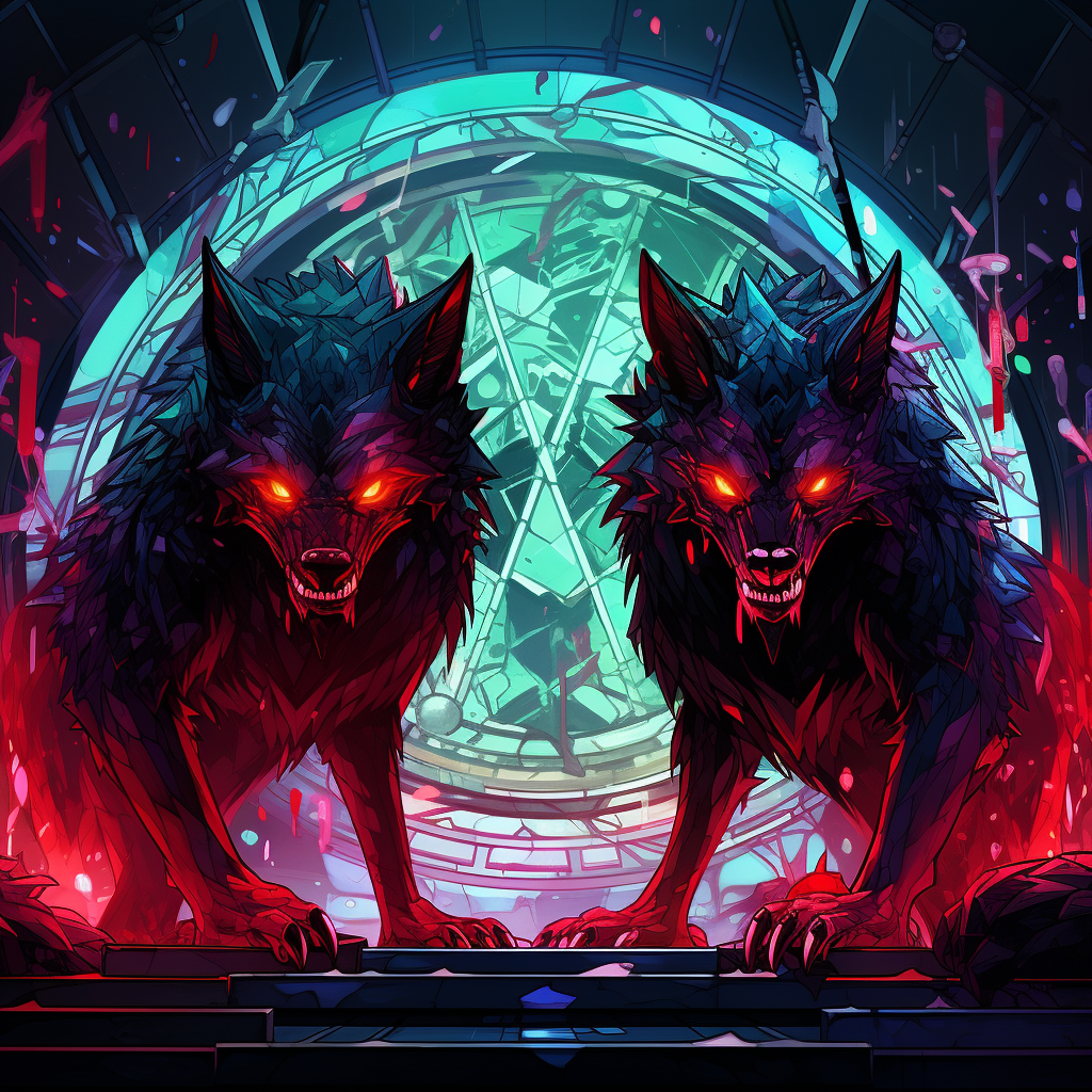 Two demonic coyote monsters with crystal faces