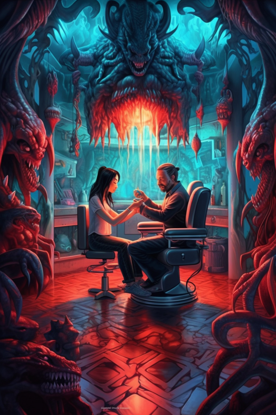 Illustration of demonic massage studio