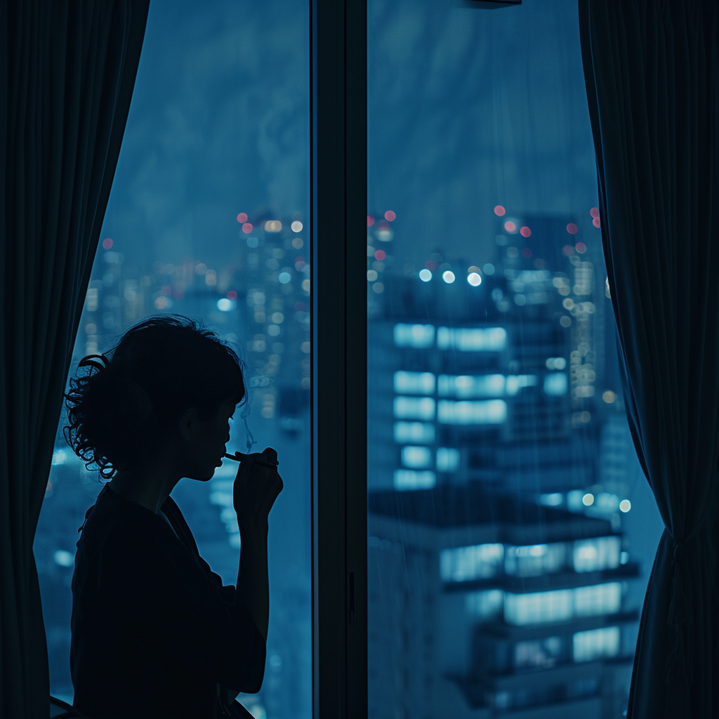 Depressed woman smoking behind curtain in building at night