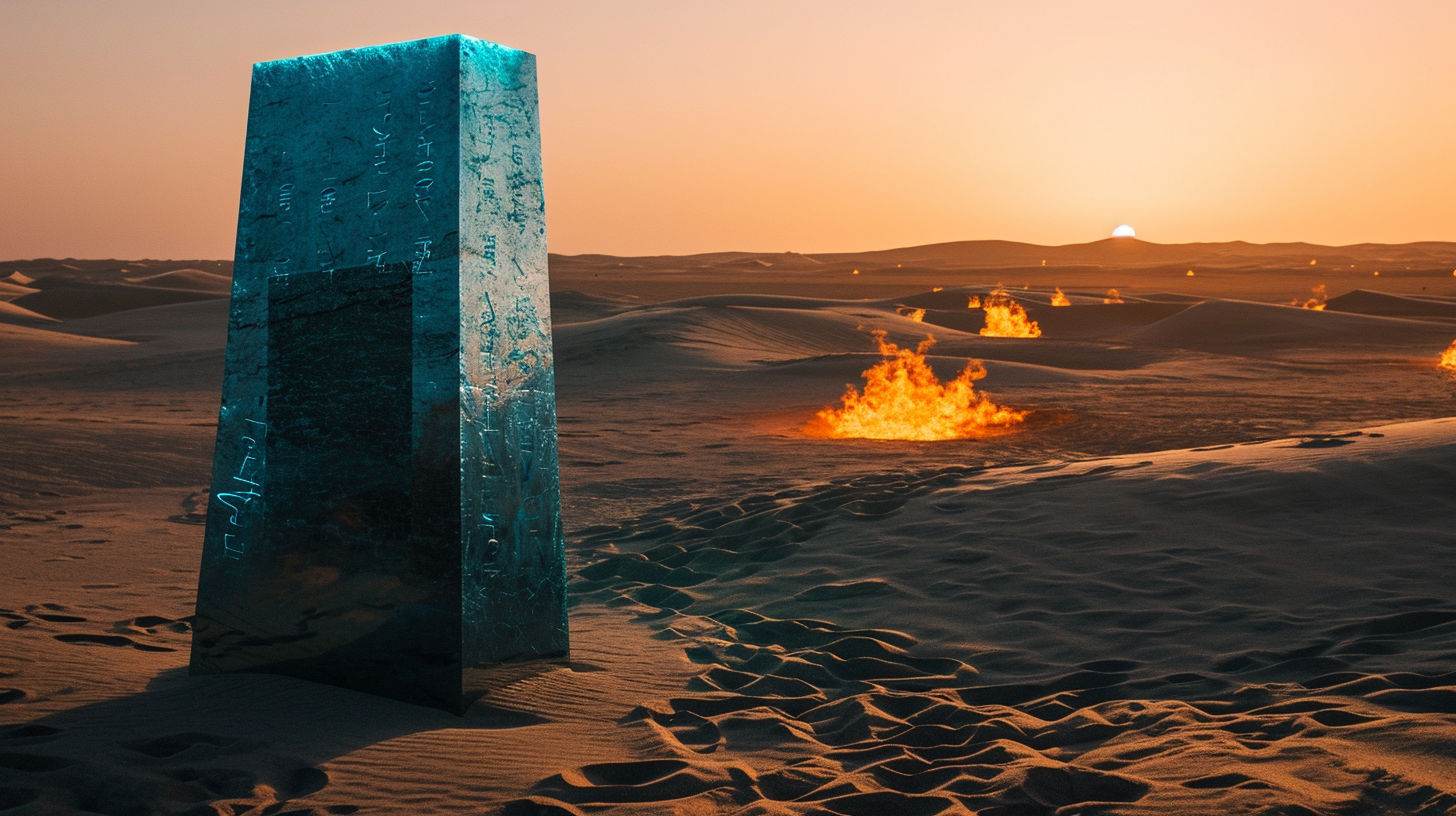 Cyan Monolith in Desert with Glowing Inscriptions