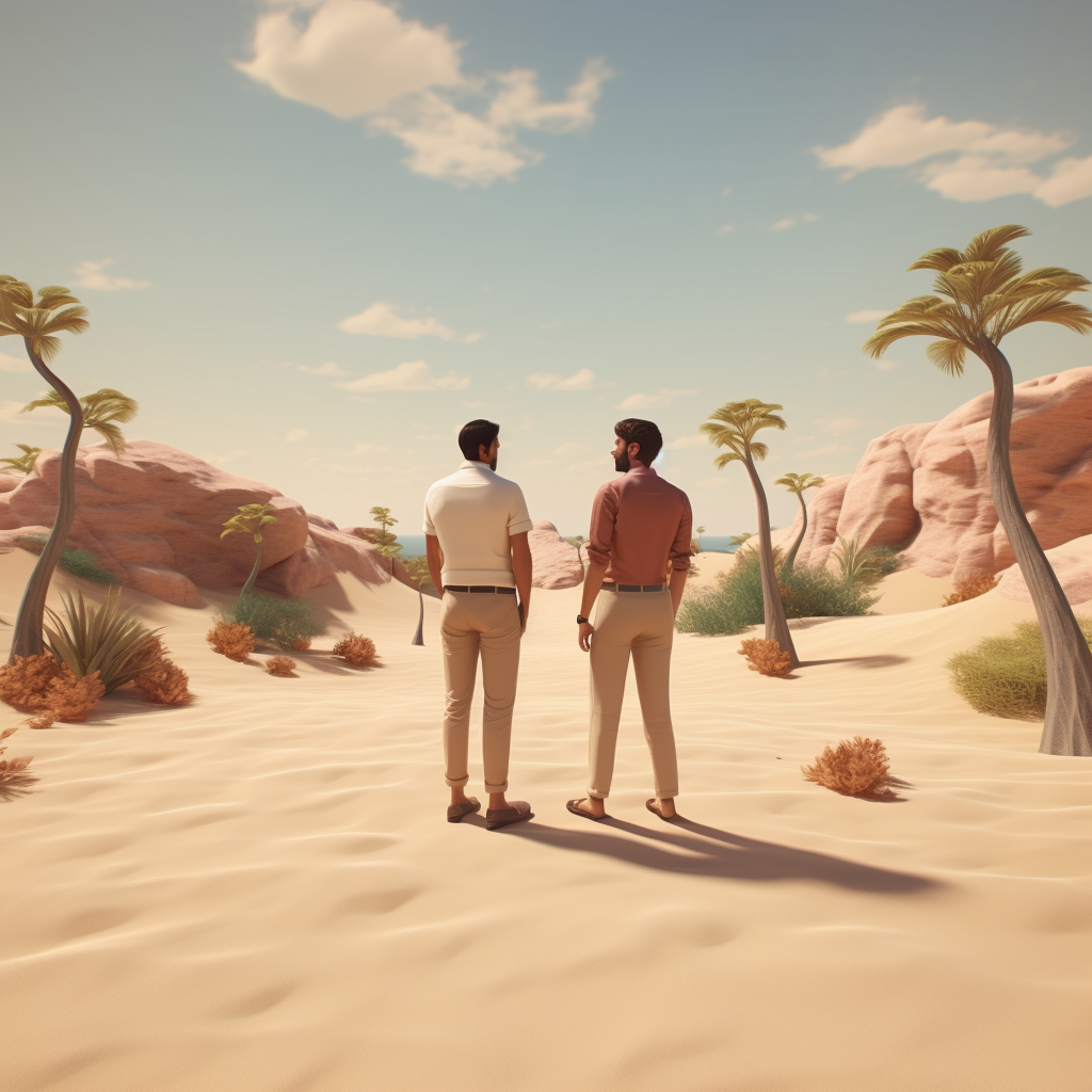 Three people staring on a desert island