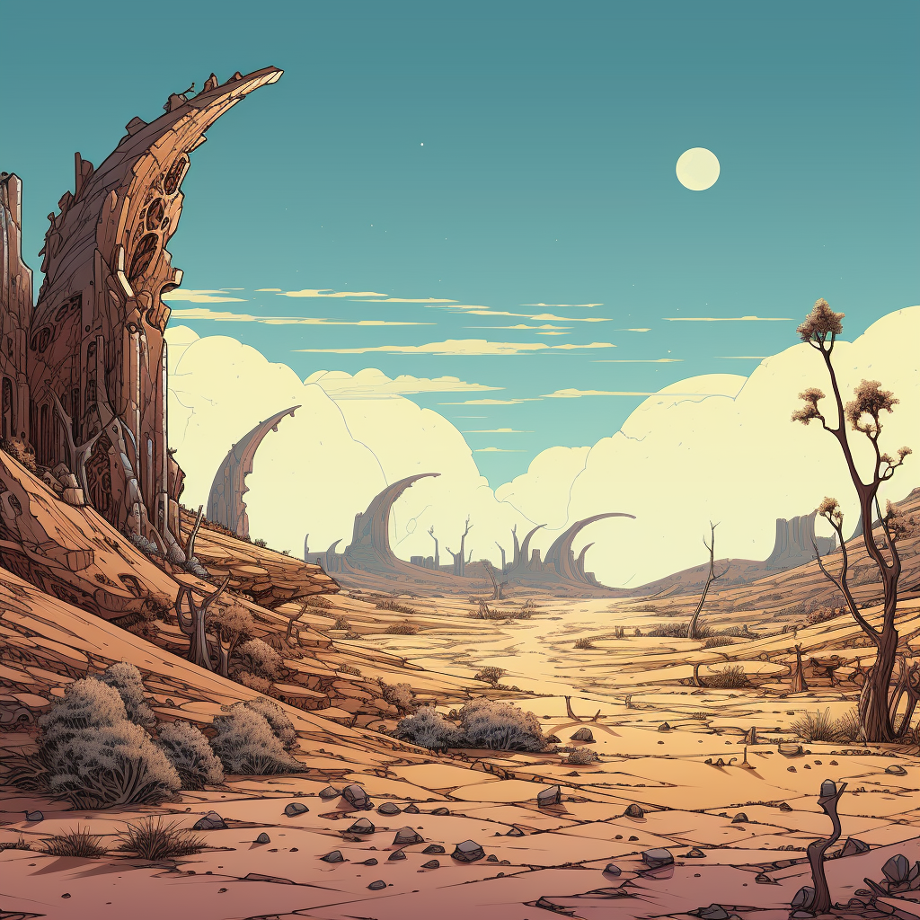 Desert landscape with Moebius-style elements