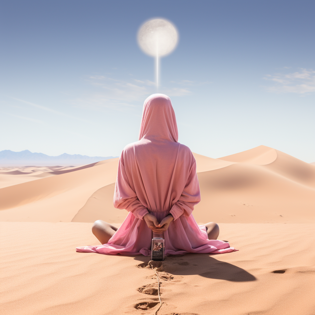 Woman in Pink Tunic kneeling in Desert