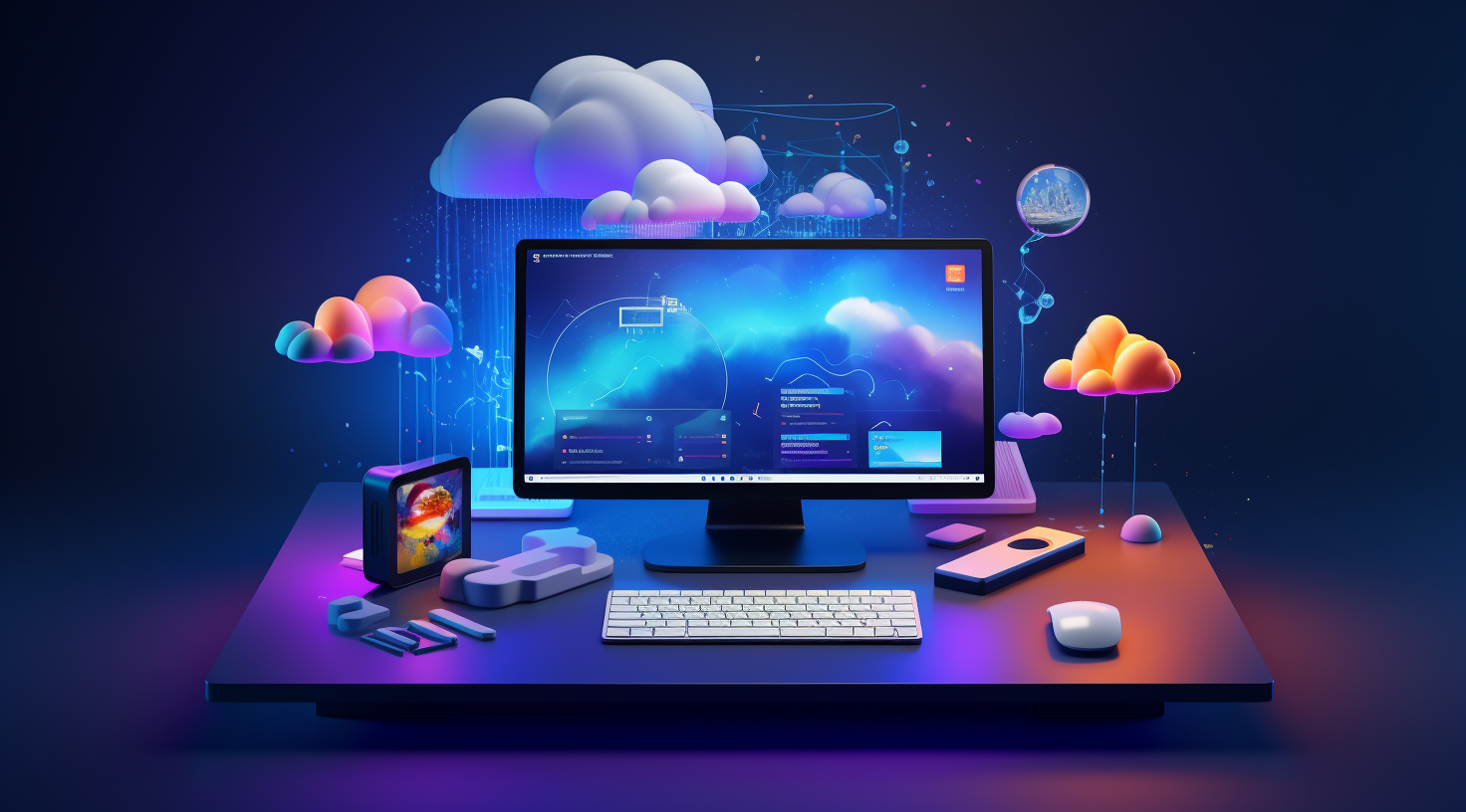 Illustration of Desktop Computer with Clouds