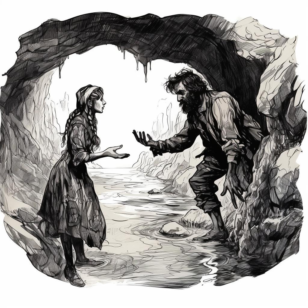 Devil man pointing woman to river transformation