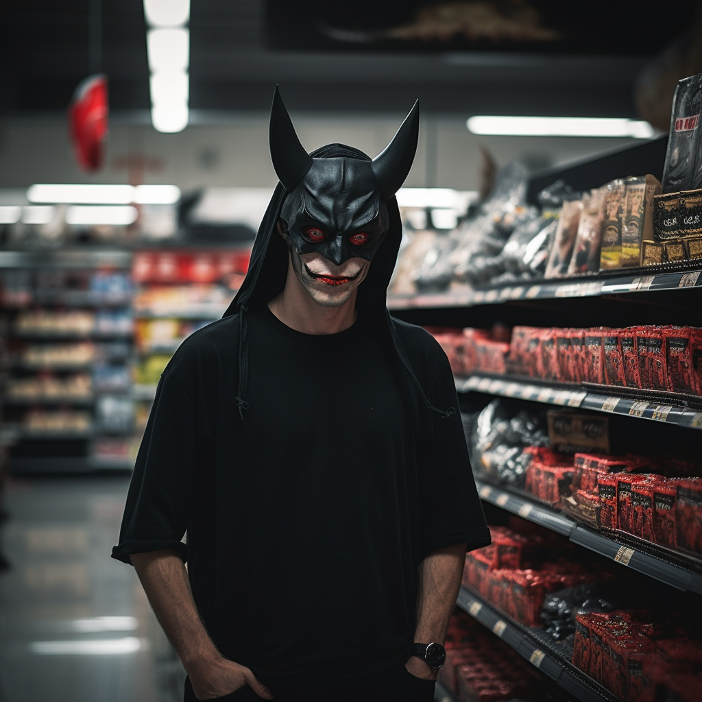 Devil in Grocery Store wearing boxy Black T-shirt