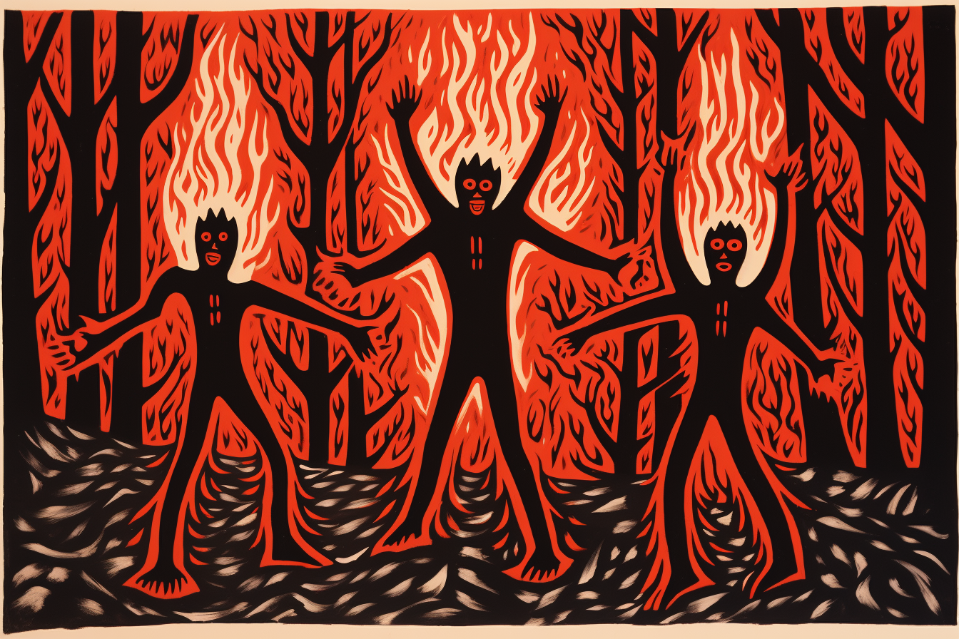 Linocut print of devils dancing in forest fire