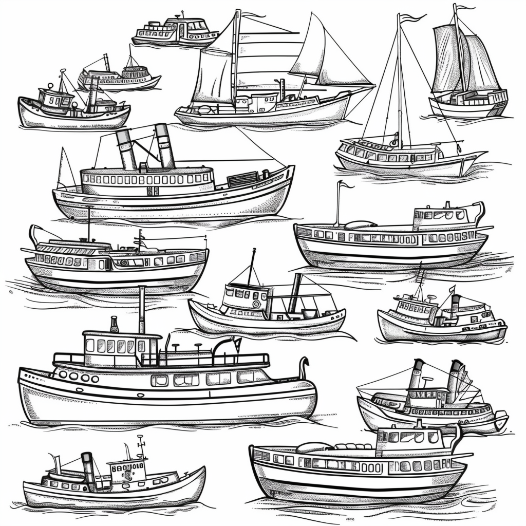 Black and white ferry boats