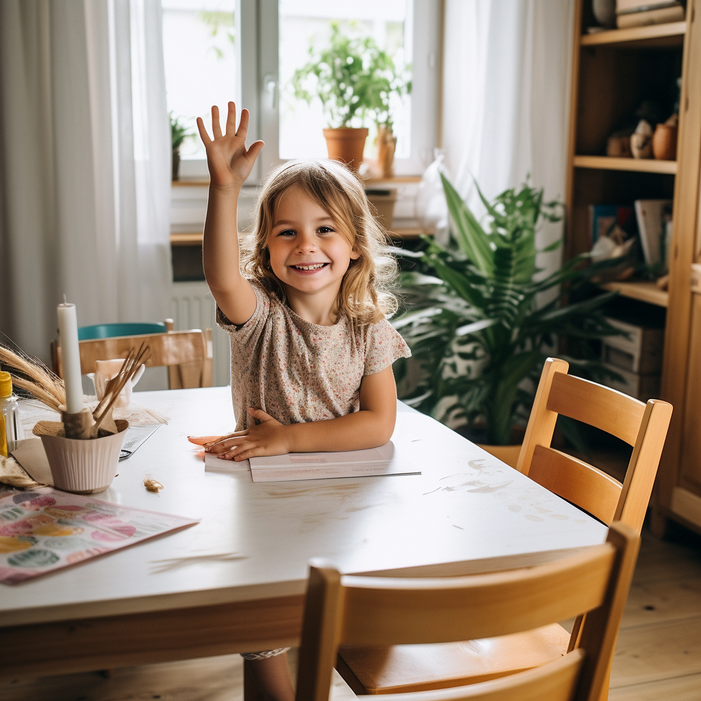 Young girl happily waving legs at dining table