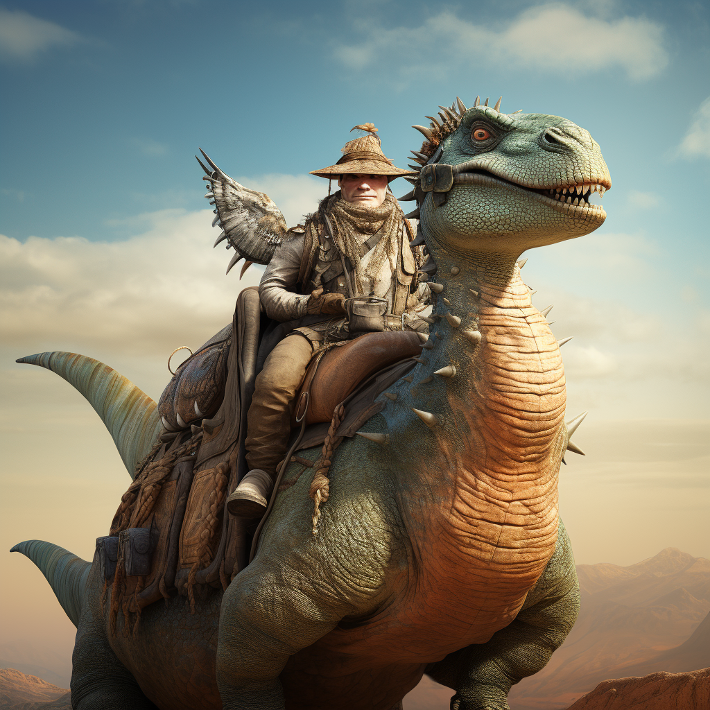 Dinosaur sitting on camel saddle