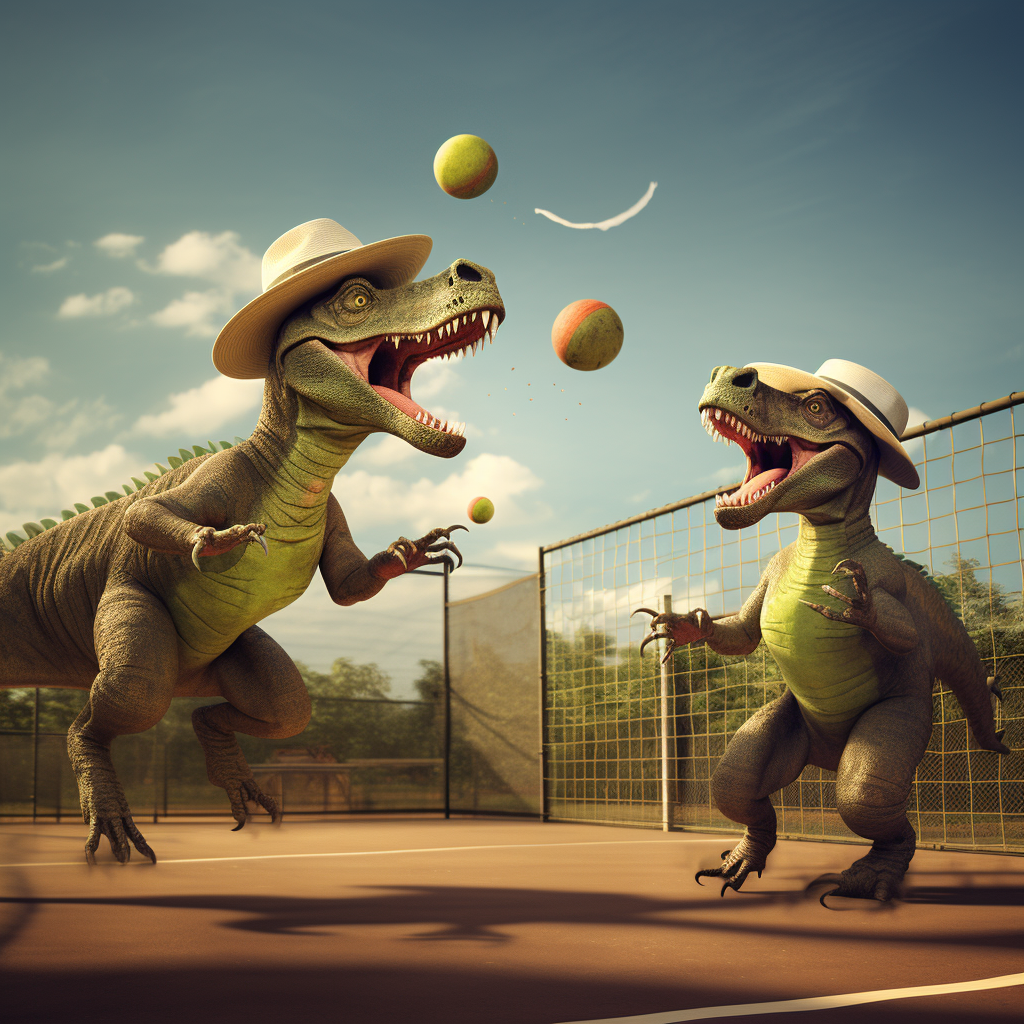 Dinosaurs playing pickle ball game