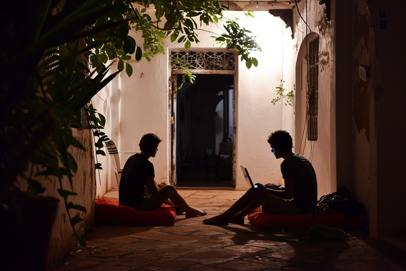 Two European Men Laughing and Talking on Red Moroccan Cushions