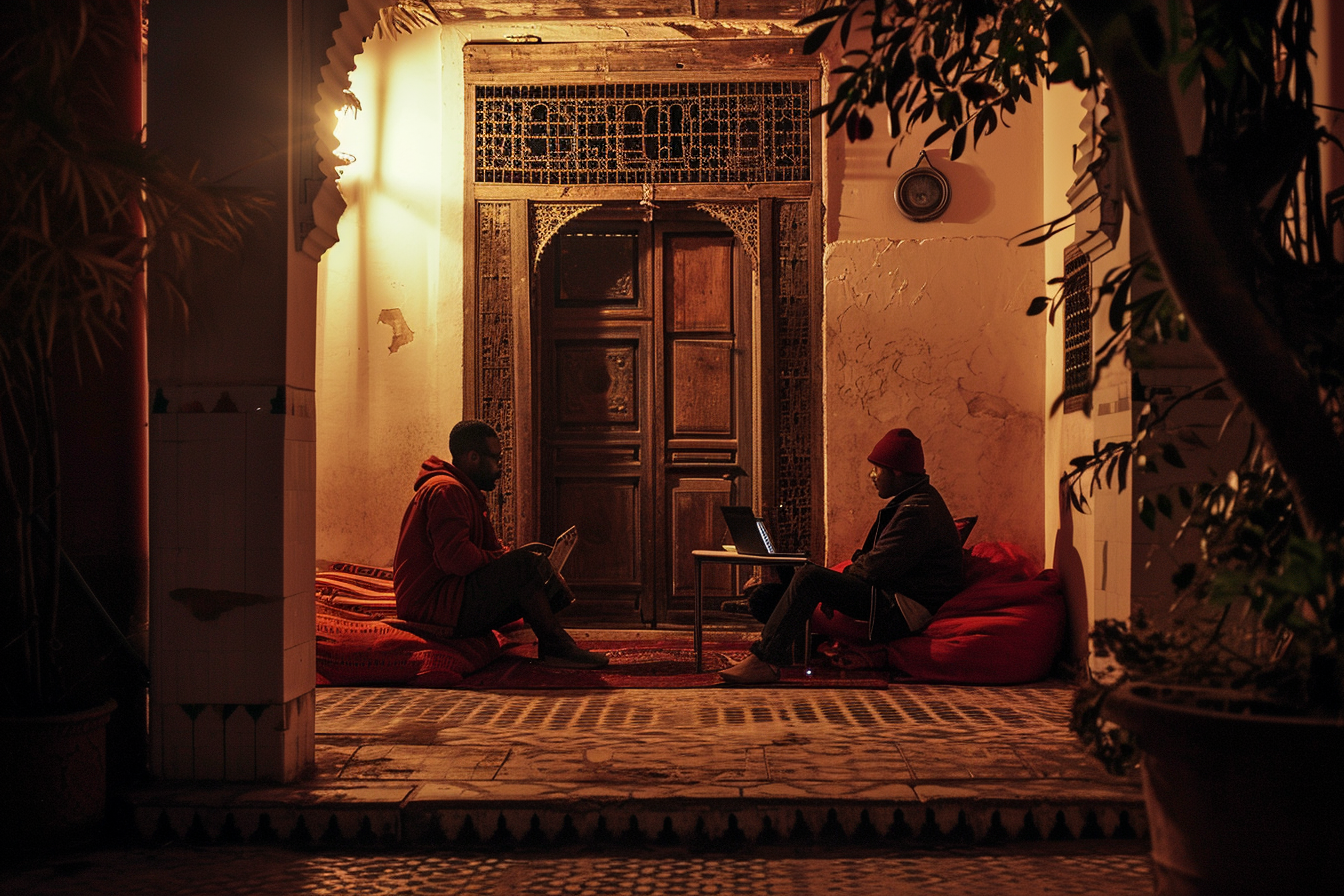 Two men discussing on red Moroccan cushions