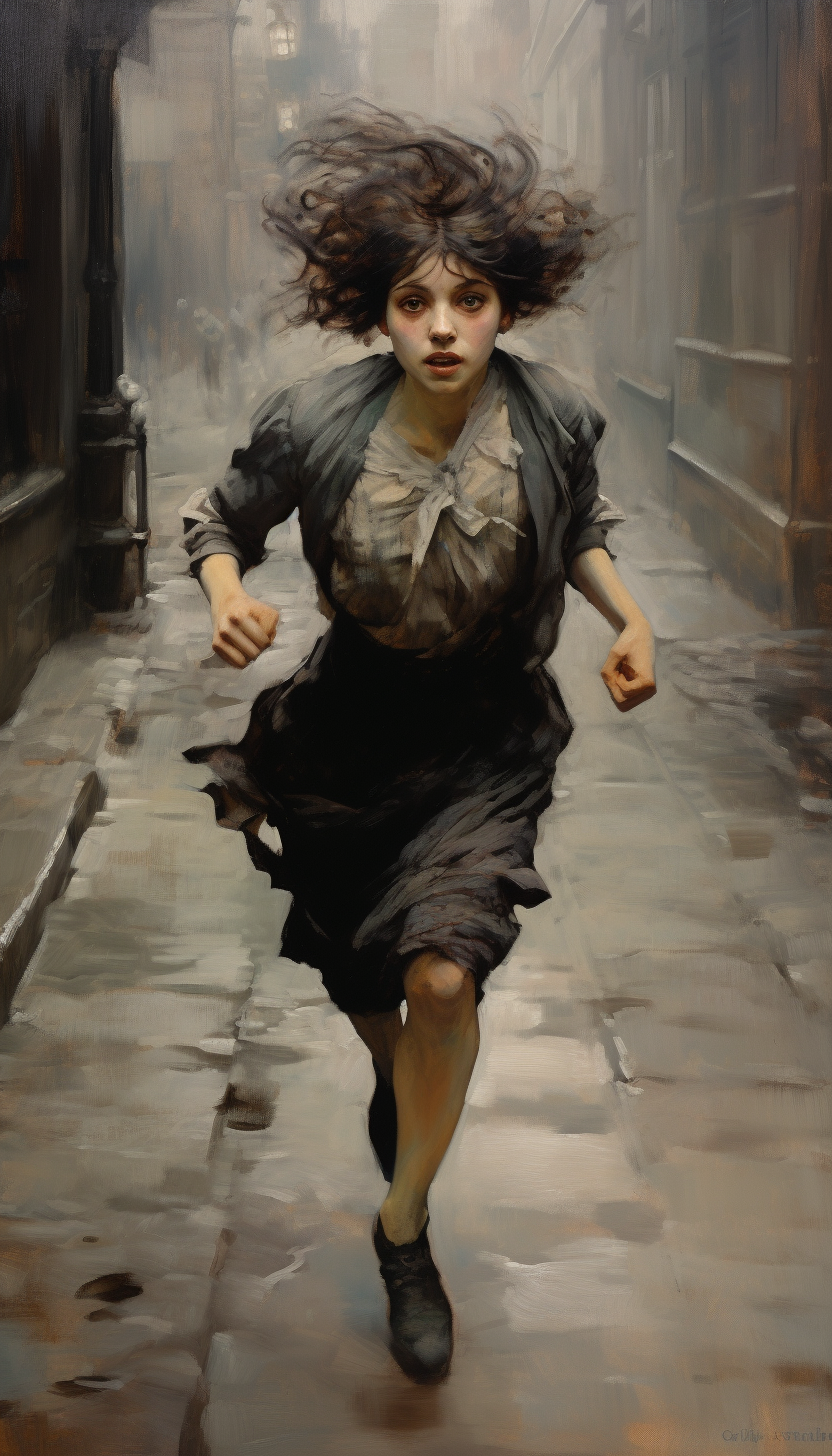 Disheveled woman running on pavement