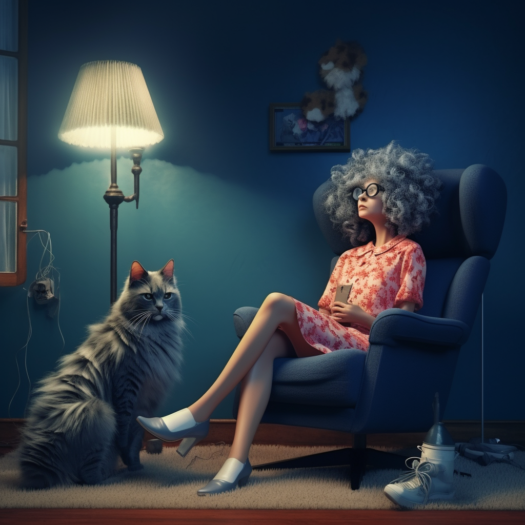 Sad woman with hairy legs playing with cat