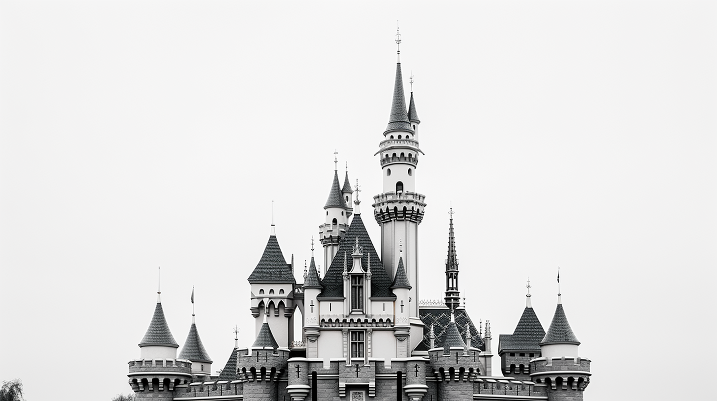 Close up of Disney Castle in black and white