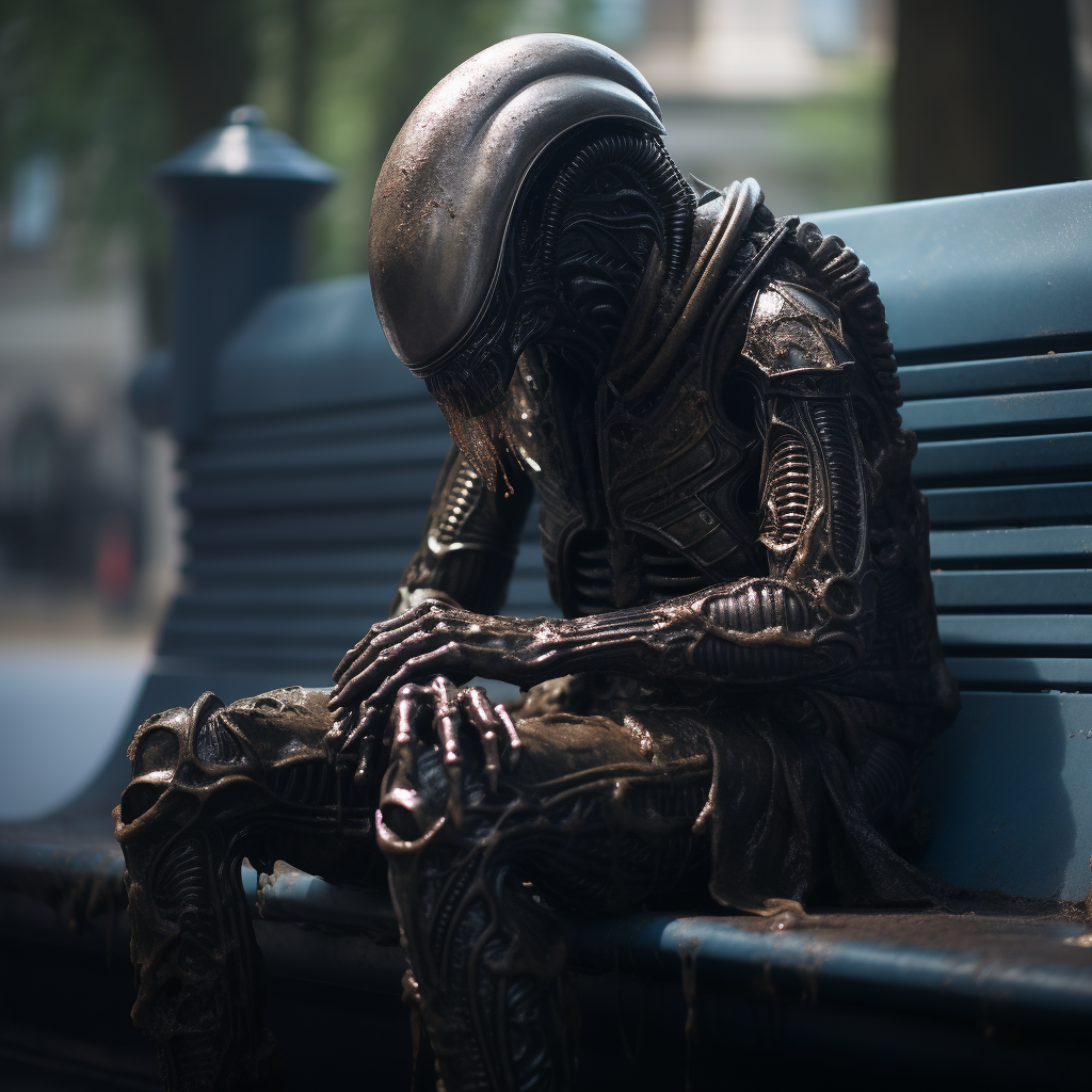 Xenomorph crying on a bench