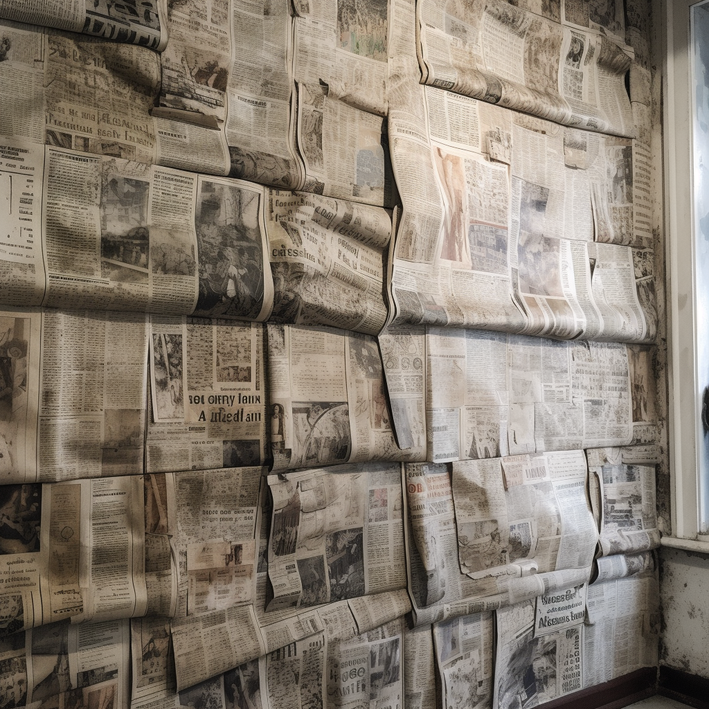 Distressed wall covered with newspaper pages