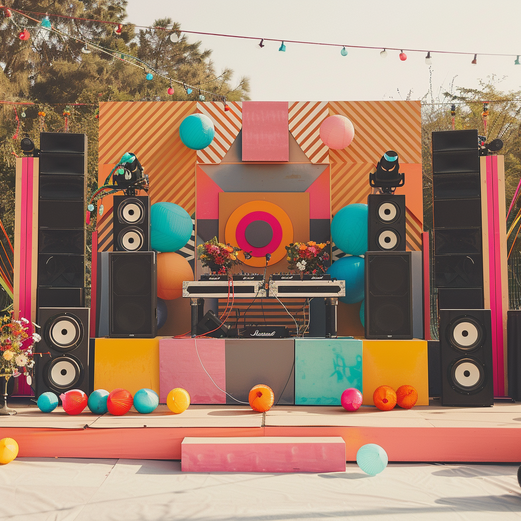 DJ stage with speakers and decorations