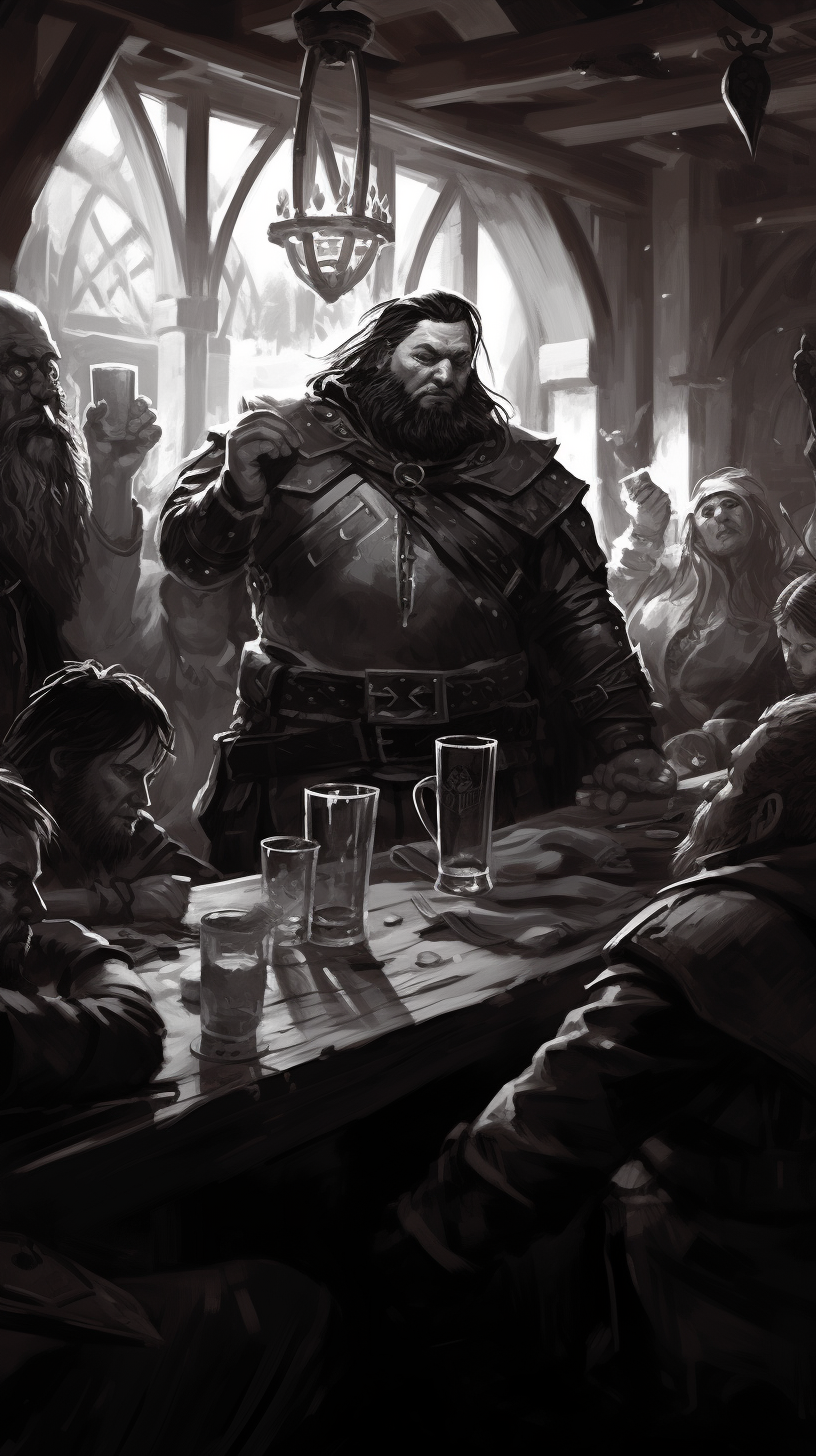 Fantastical black and white DND humanoid characters enjoying ale in a tavern