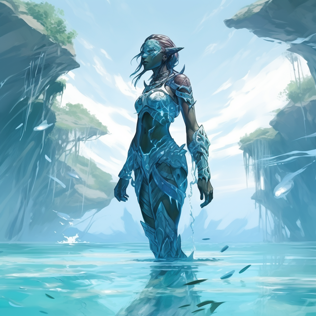 Water humanoid character art in coastal setting