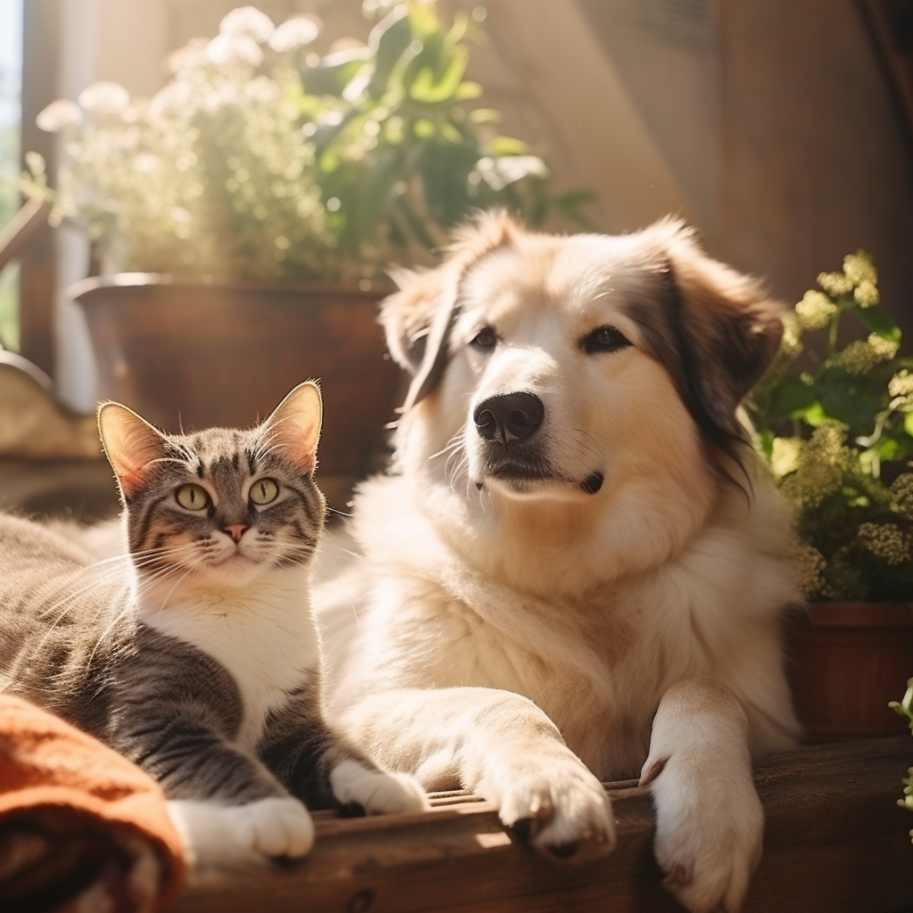 Image of a dog, cat, and human friends