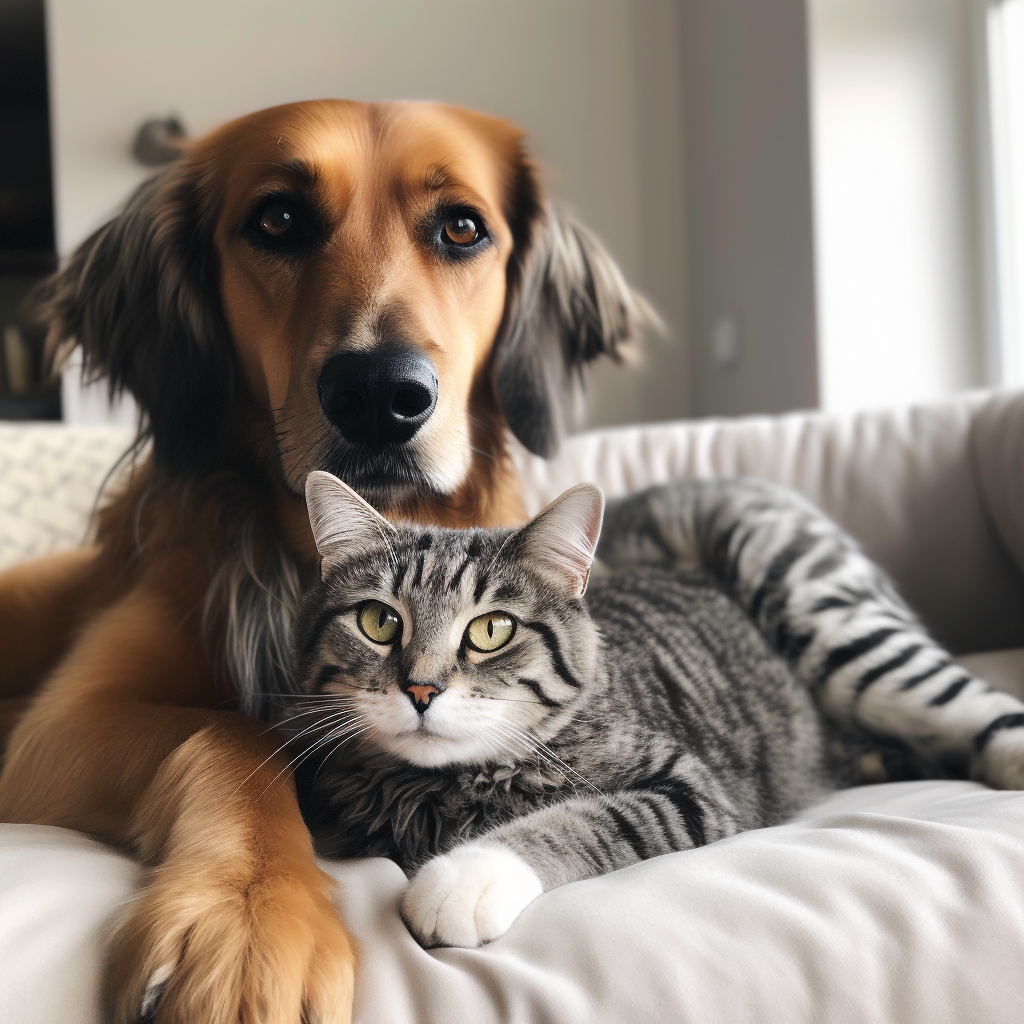 Adorable dog and cat playing together