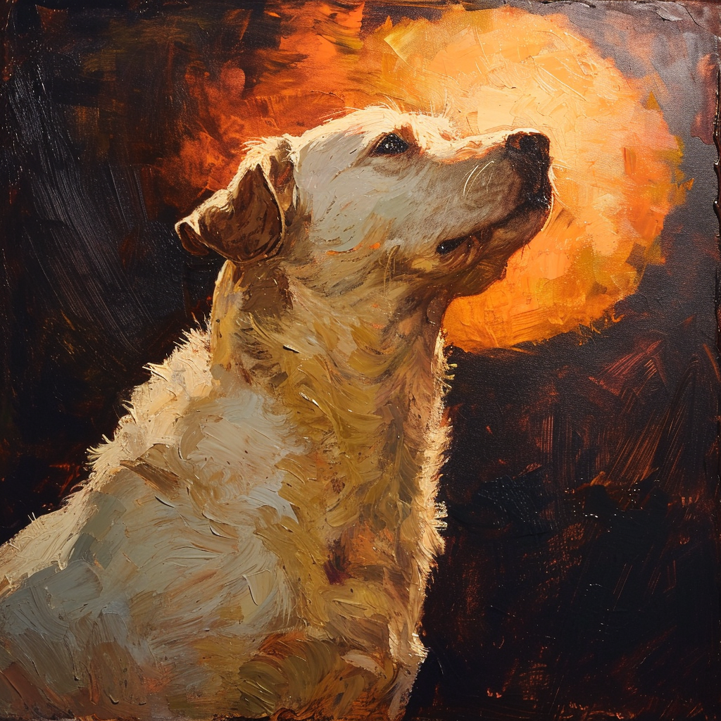 Dog in oil painting with sun