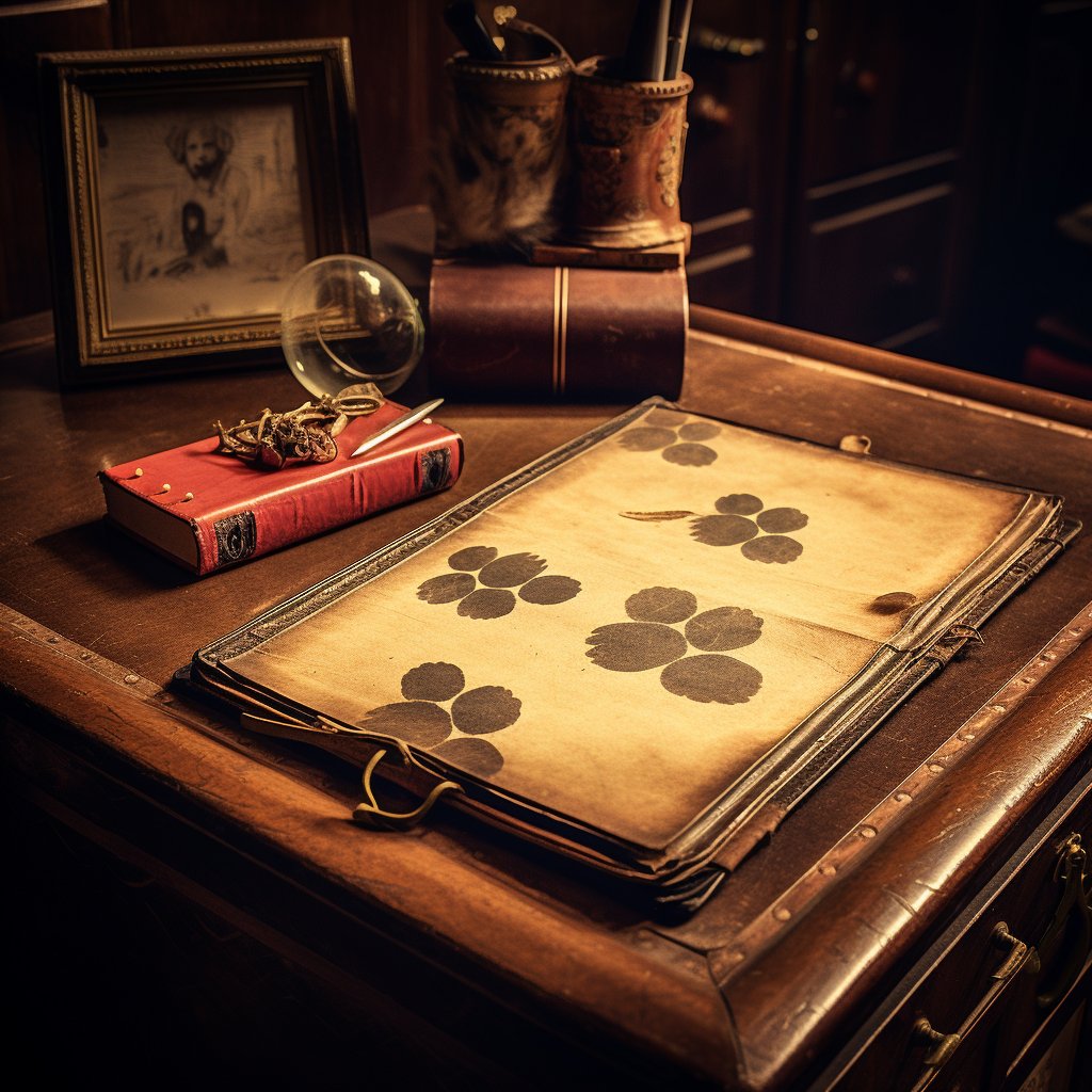 Dog paw prints on vintage desk