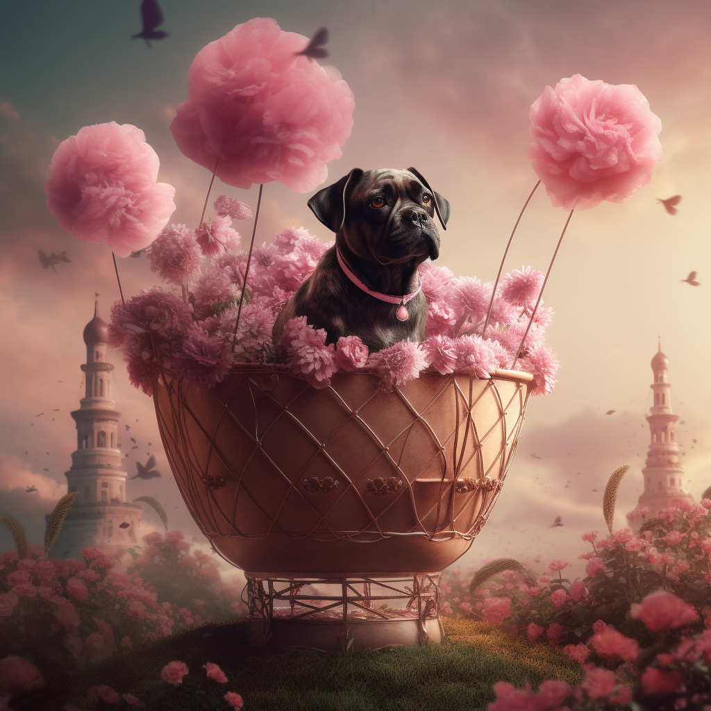 Dog sitting in pink basket with flowers