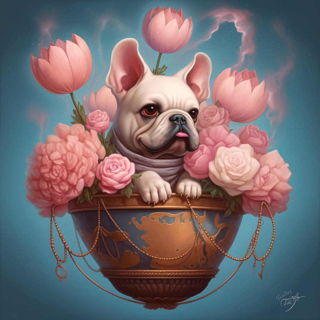 Dog sitting in pink basket with flowers