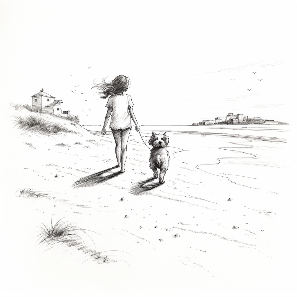 Dog walking on beach with girl