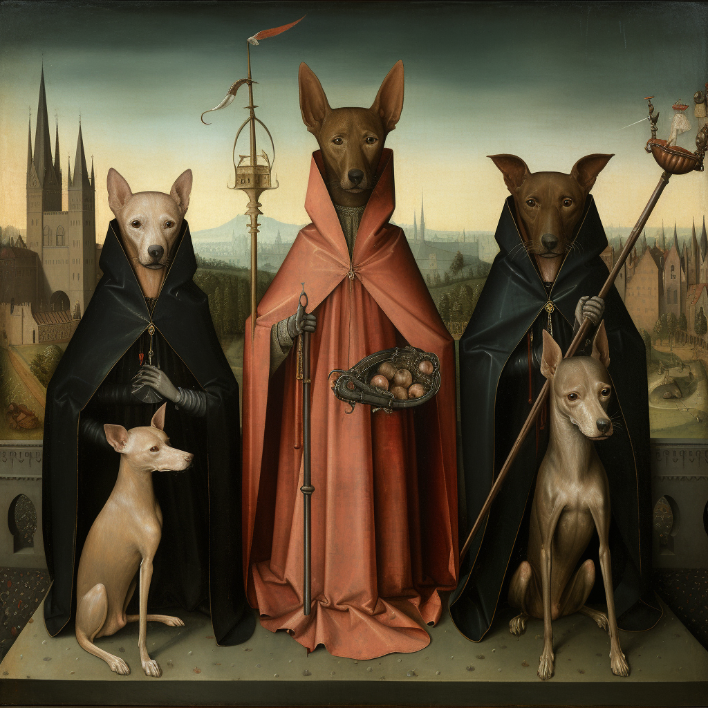 Playful dogs in a triptych artwork