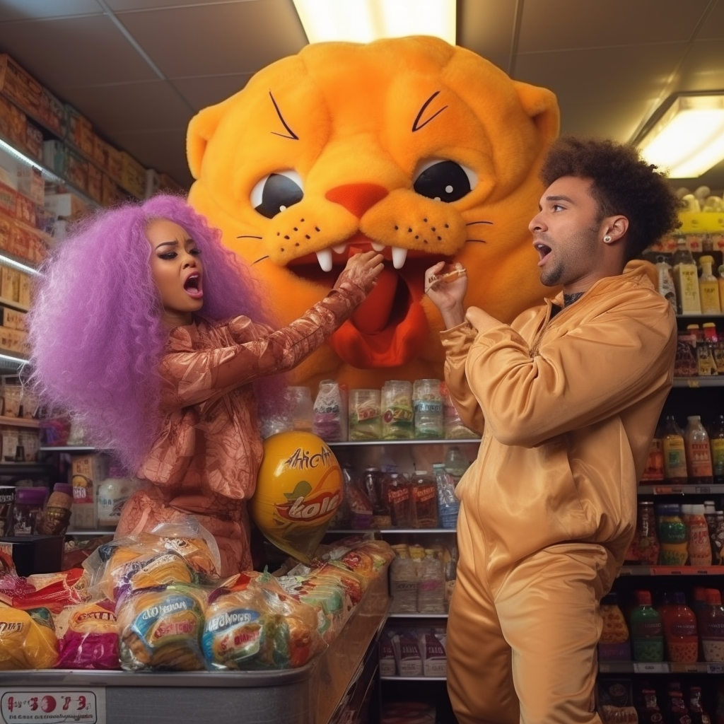 Doja Cat and Garfield fighting in a grocery store