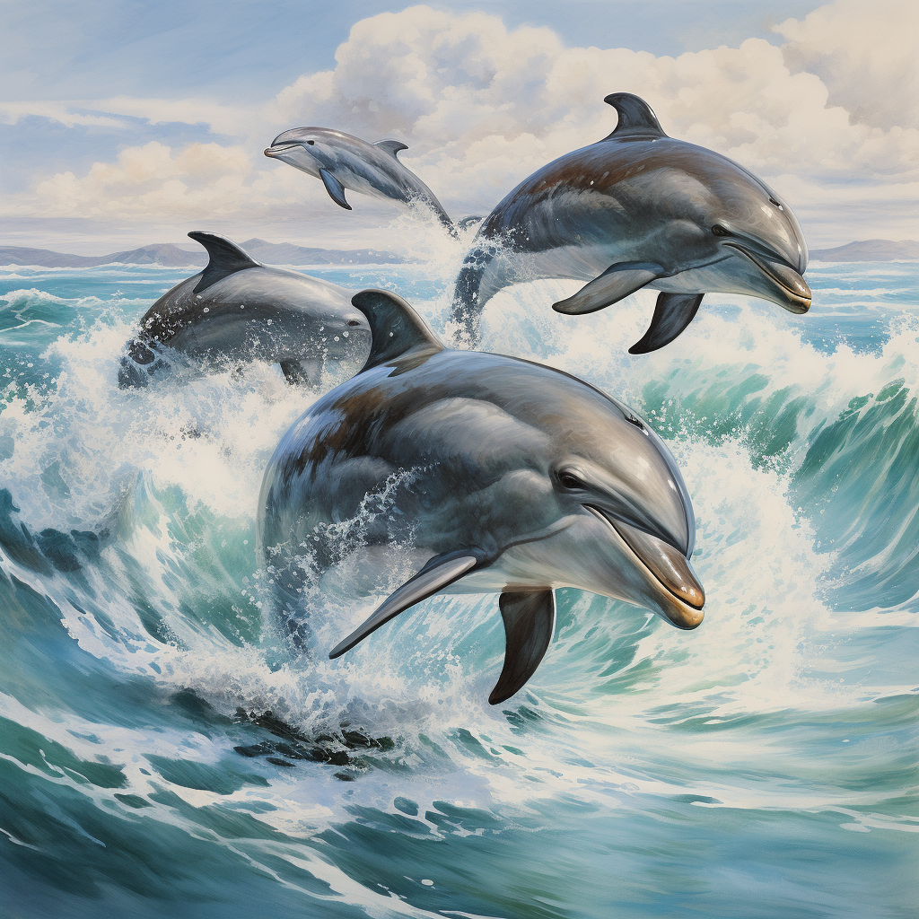 Graceful dolphins and whales in waves