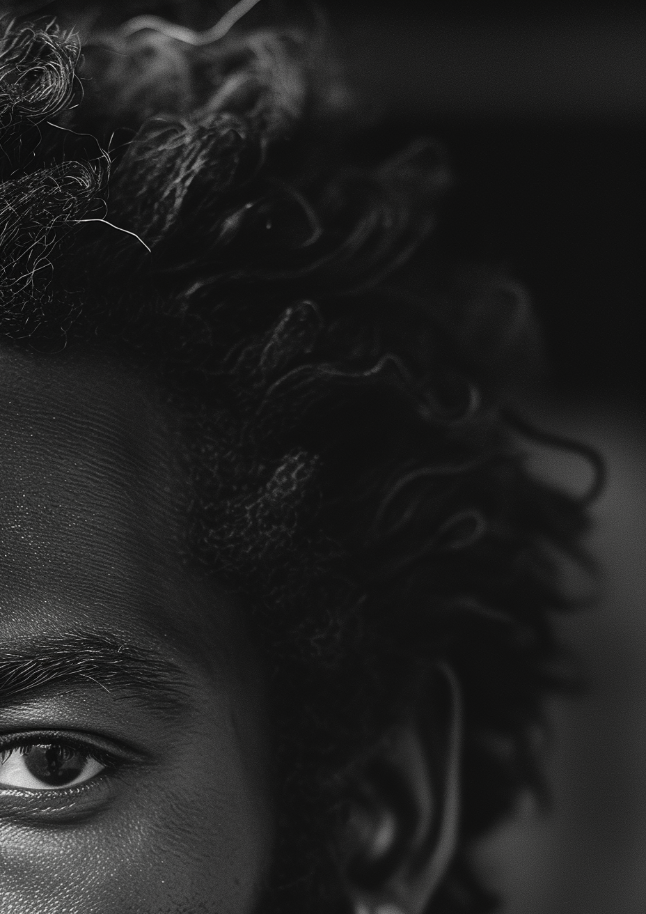 Black and white portrait of Donald Glover exuding strength and love