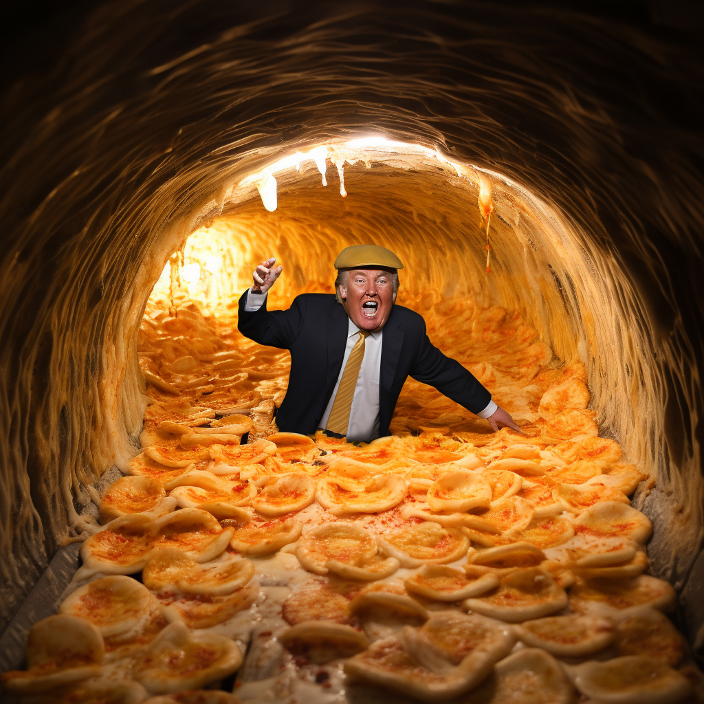 Donald Trump sliding through pizza tunnel